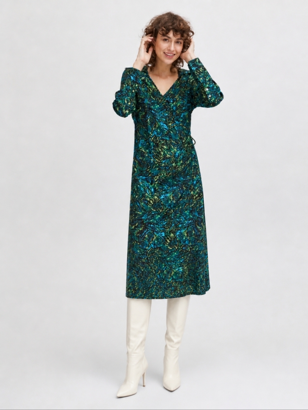 B.Young |Abstract Green Midi Wrap Dress Chic Everyday Style NWT